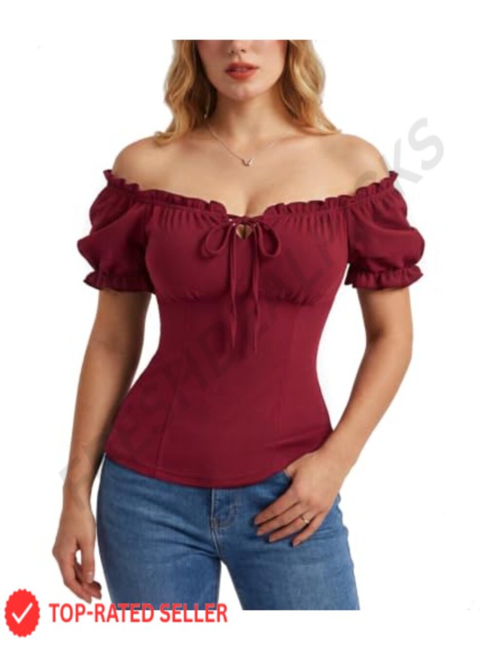 Peasant Blouse Off Shoulder Square Neck Puff Sleeve Corset Top